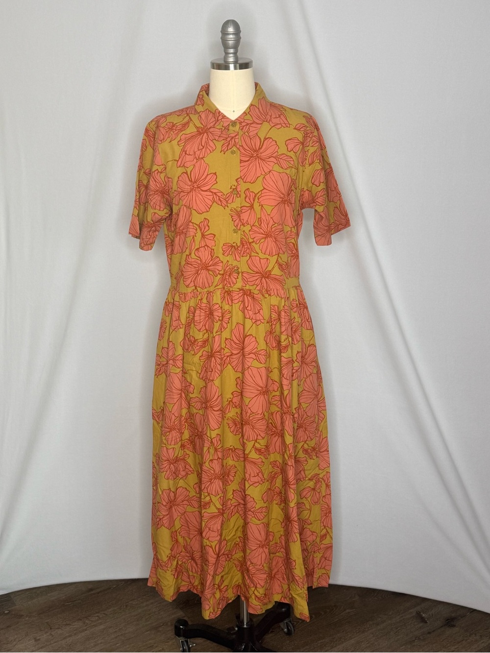 Mustard & Coral Floral Button Front Midi Maxi Dress Boho